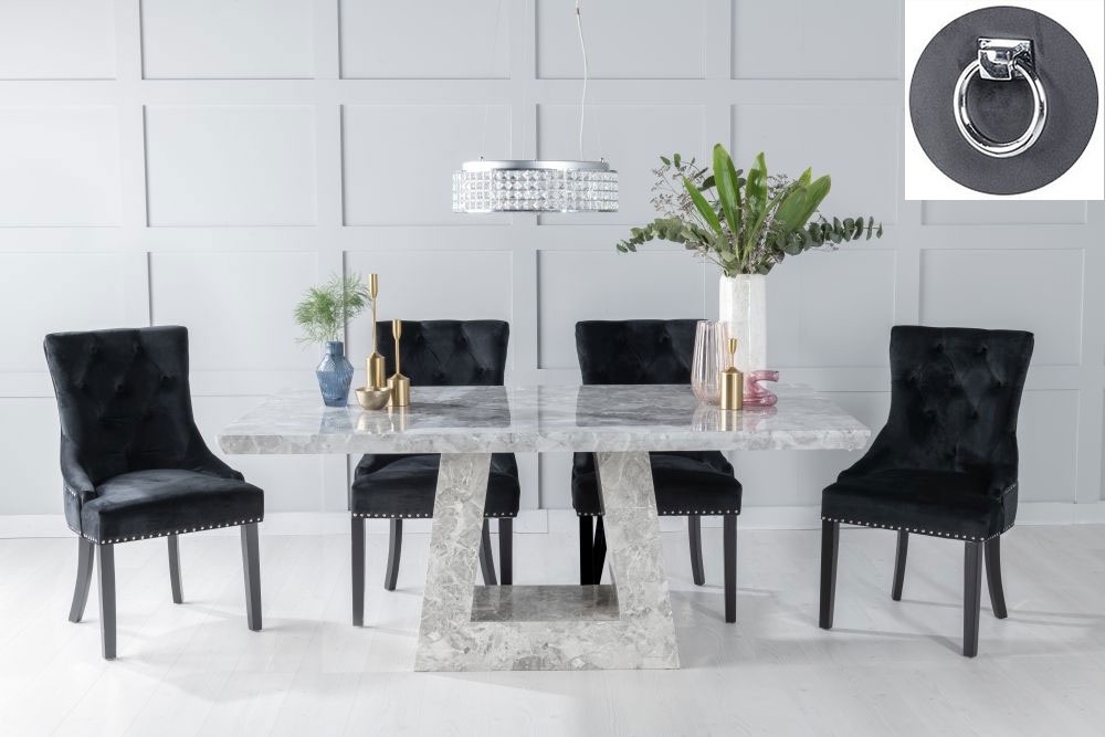 Milan Marble Dining Table Set Rectangular Grey Top And Triangular Pedestal Base And Black Fabric Knocker Back Chairs With Black Legs