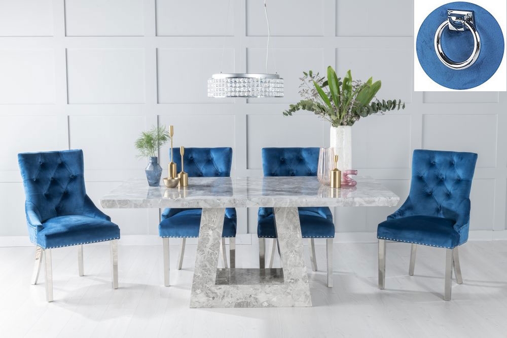 Milan Marble Dining Table Set Rectangular Grey Top And Triangular Pedestal Base And Blue Fabric Knocker Back Chairs With Chrome Legs