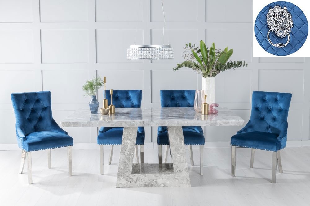 Milan Marble Dining Table Set Rectangular Grey Top And Triangular Pedestal Base And Blue Fabric Lion Head Ring Back Chairs With Chrome Legs