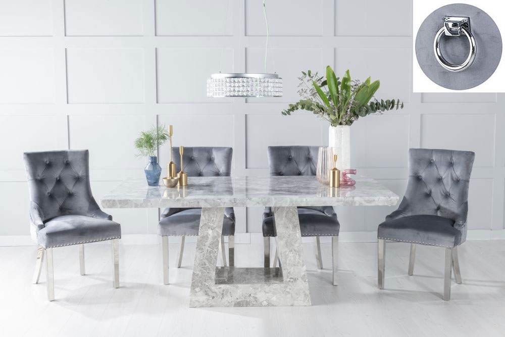 Milan Marble Dining Table Set Rectangular Grey Top And Triangular Pedestal Base And Grey Fabric Knocker Back Chairs With Chrome Legs