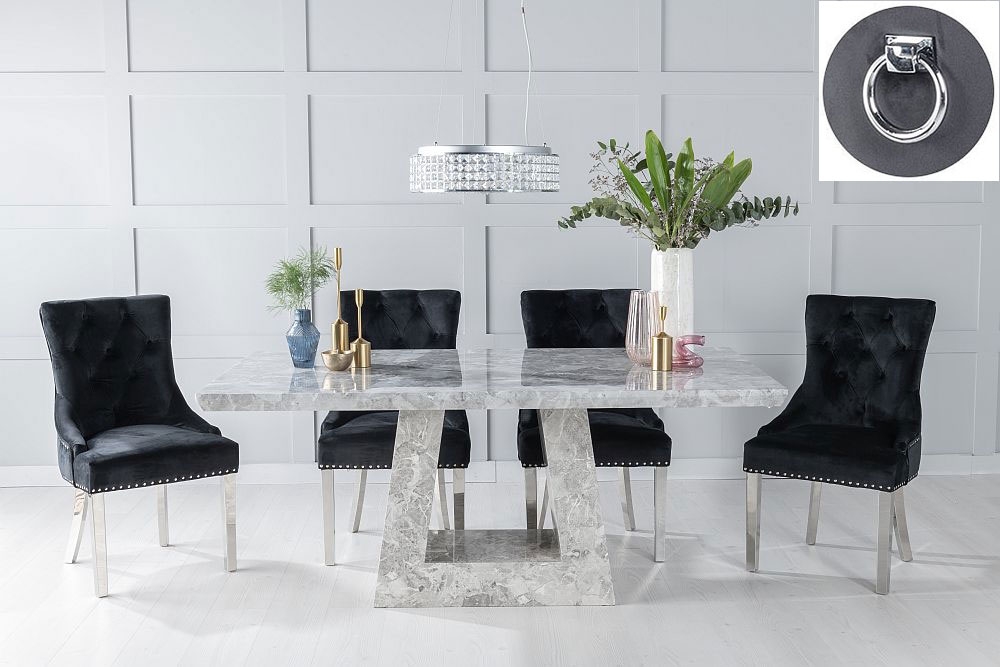 Milan Marble Dining Table Set Rectangular Grey Top And Triangular Pedestal Base With Black Fabric Knockerback Chairs