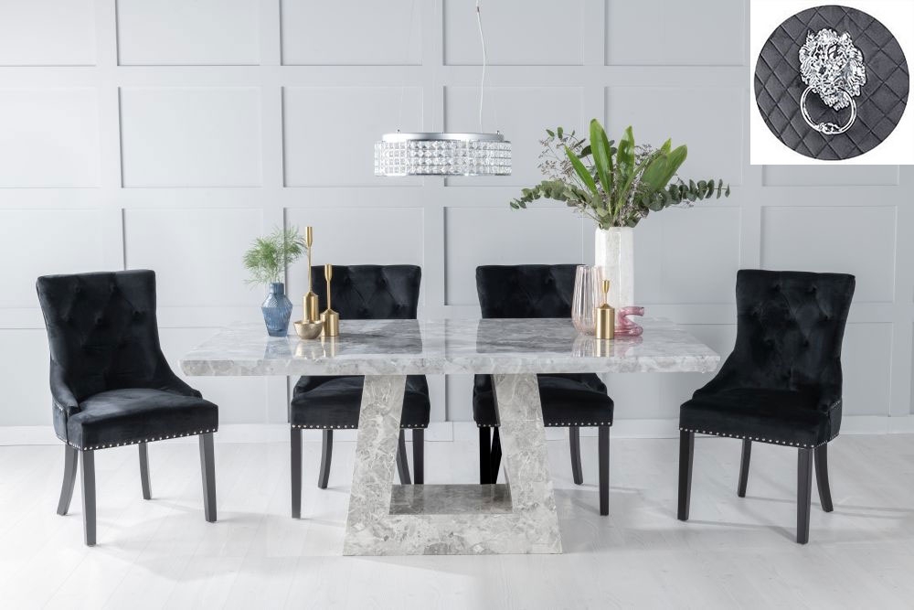 Milan Marble Dining Table Set Rectangular Grey Top And Triangular Pedestal Base With Black Fabric Lion Head Ring Back Chairs With Black Legs