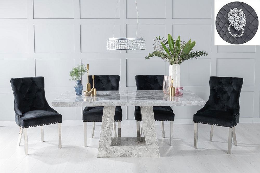 Milan Marble Dining Table Set Rectangular Grey Top And Triangular Pedestal Base With Black Fabric Lion Knocker Back Chairs