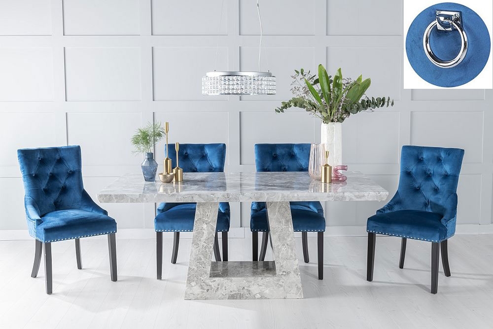 Milan Marble Dining Table Set Rectangular Grey Top And Triangular Pedestal Base With Blue Fabric Knockerback Chairs