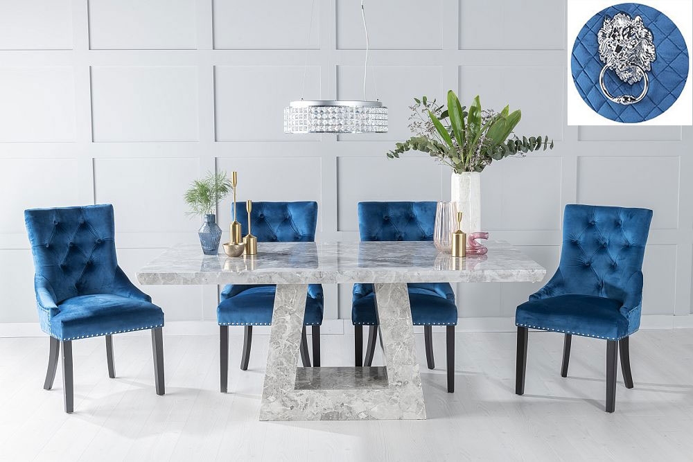 Milan Marble Dining Table Set Rectangular Grey Top And Triangular Pedestal Base With Blue Fabric Lion Knocker Back Chairs