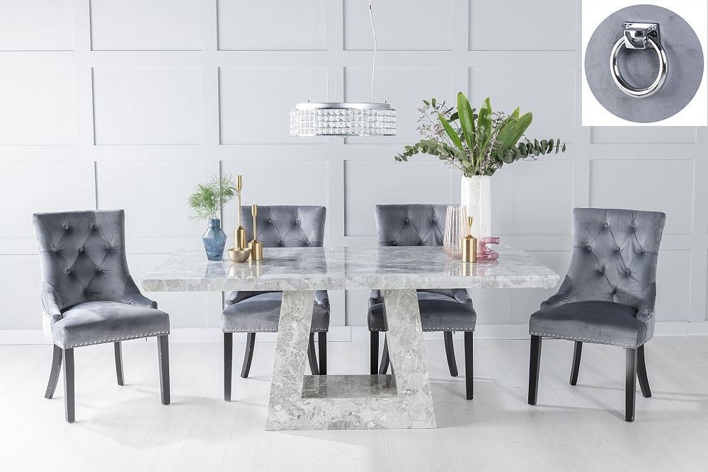 Milan Marble Dining Table Set Rectangular Grey Top And Triangular Pedestal Base With Grey Fabric Knockerback Chairs