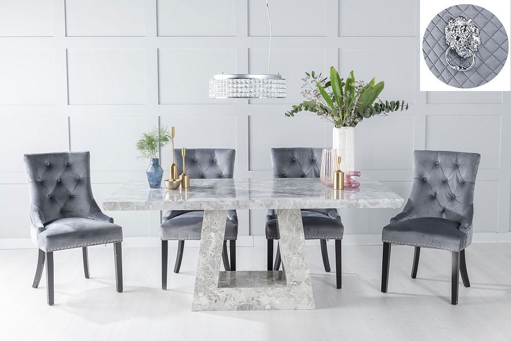 Milan Marble Dining Table Set Rectangular Grey Top And Triangular Pedestal Base With Grey Fabric Lion Knocker Back Chairs
