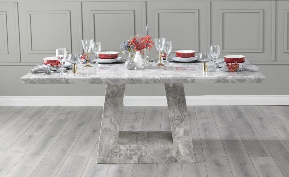 Milan Marble Dining Table Grey Rectangular Top With Triangular Pedestal Base