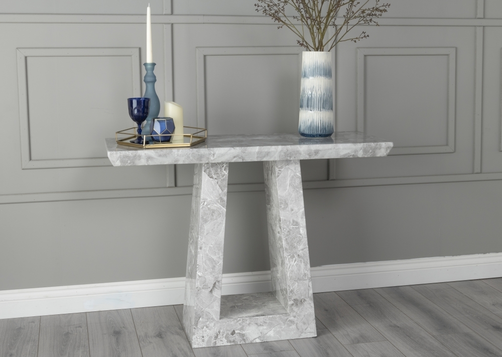 Milan Marble Console Table Grey Rectangular Top With Triangular Pedestal Base