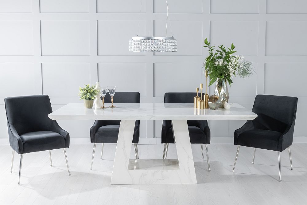 Milan Marble Dining Table Set Rectangular White Top And Triangular Pedestal Base With Giovanni Black Fabric Chairs