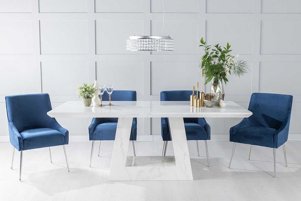 Milan Marble Dining Table Set Rectangular White Top And Triangular Pedestal Base With Giovanni Blue Fabric Chairs