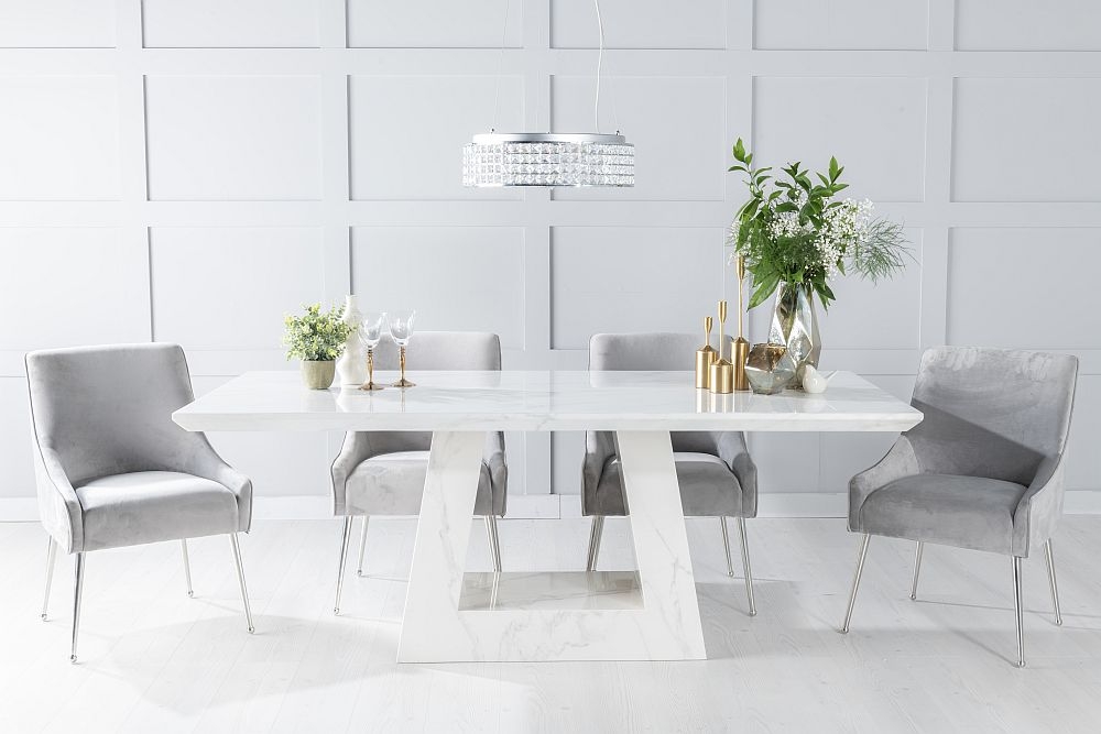 Milan Marble Dining Table Set Rectangular White Top And Triangular Pedestal Base With Giovanni Light Grey Fabric Chairs
