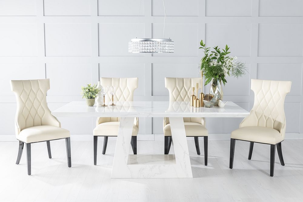 Milan Marble Dining Table Set Rectangular White Top And Triangular Pedestal Base With Mimi Cream Faux Leather Chairs