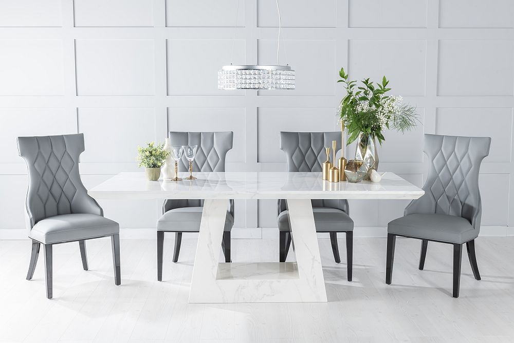 Milan Marble Dining Table Set Rectangular White Top And Triangular Pedestal Base With Mimi Grey Faux Leather Chairs