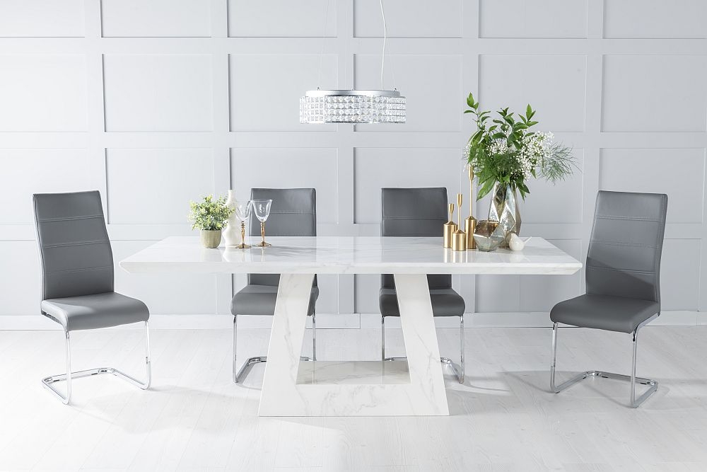 Milan Marble Dining Table Set Rectangular White Top And Triangular Pedestal Base With Malibu Dark Grey Faux Leather Chairs