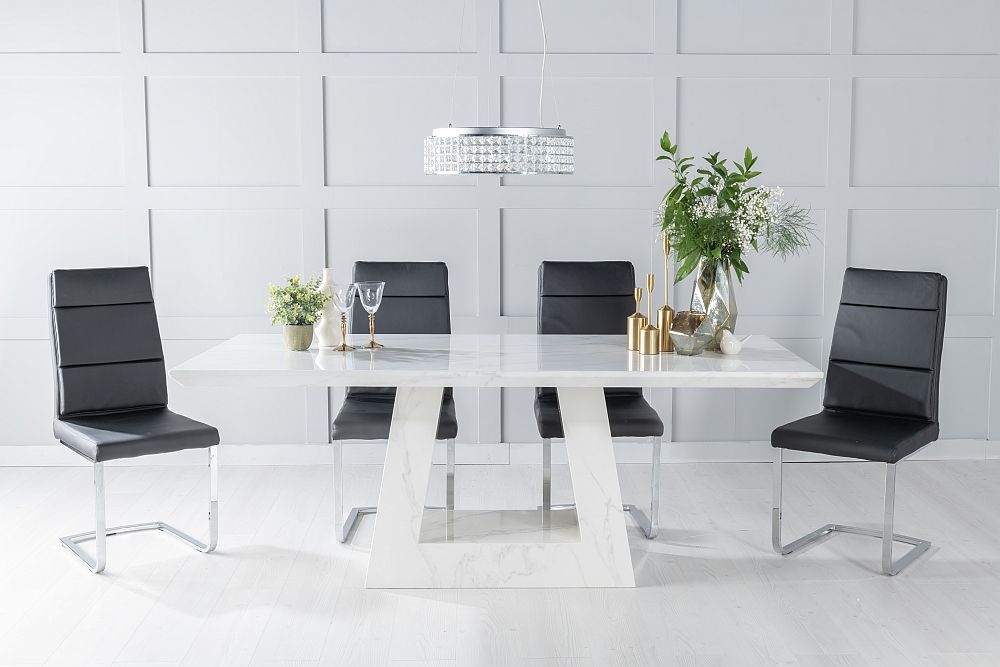 Milan Marble Dining Table Set Rectangular White Top And Triangular Pedestal Base With Arabella Black Faux Leather Chairs
