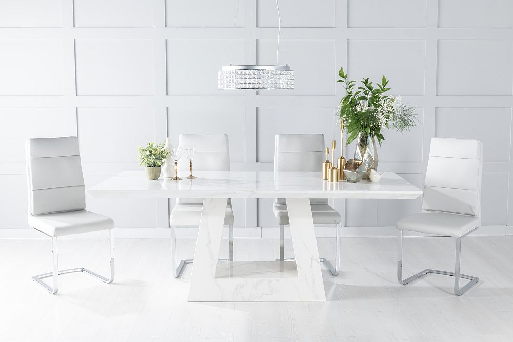 Milan Marble Dining Table Set Rectangular White Top And Triangular Pedestal Base With Arabella Grey Faux Leather Chairs