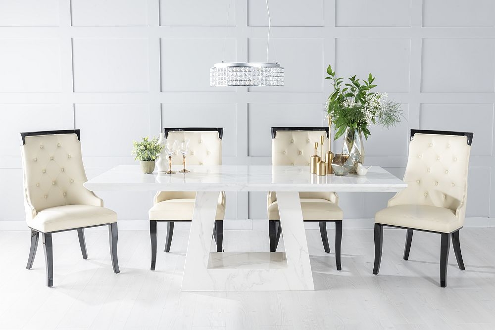 Milan Marble Dining Table Set Rectangular White Top And Triangular Pedestal Base With Carmela Cream Faux Leather Chairs