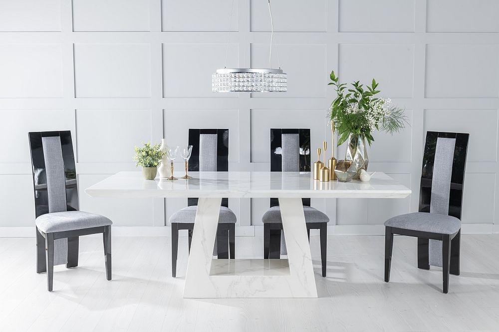 Milan Marble Dining Table Set Rectangular White Top And Triangular Pedestal Base With Alpine Black And Grey Fabric Chairs