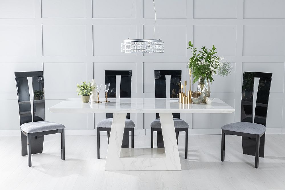 Milan Marble Dining Table Set Rectangular White Top And Triangular Pedestal Base With Vienna Black And Grey Fabric Chairs