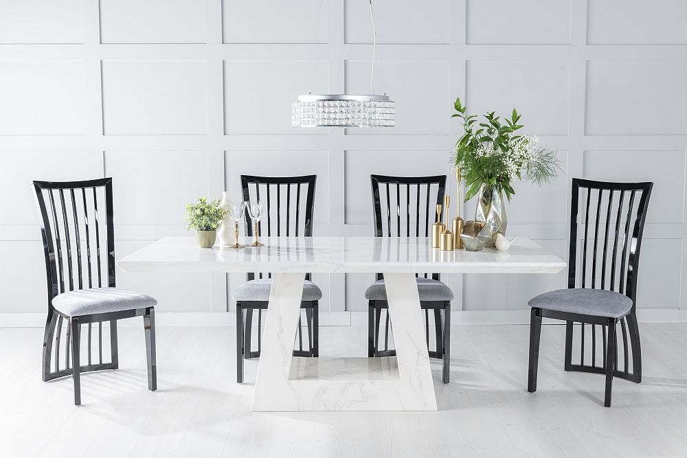 Milan Marble Dining Table Set Rectangular White Top And Triangular Pedestal Base With Athena Black And Grey Fabric Chairs