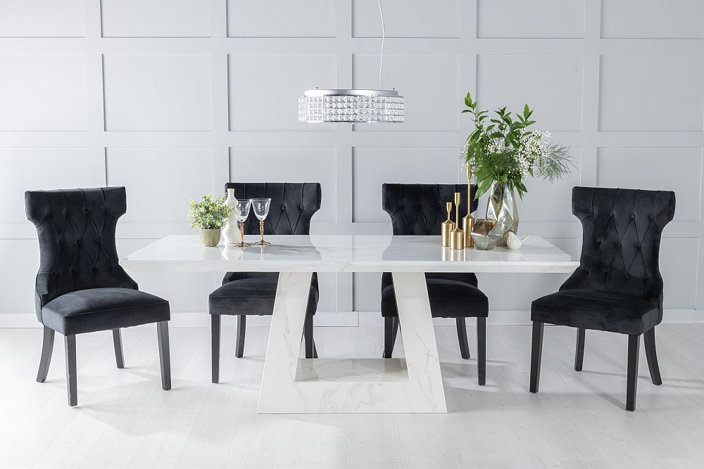 Milan Marble Dining Table Set Rectangular White Top And Triangular Pedestal Base With Courtney Black Fabric Chairs