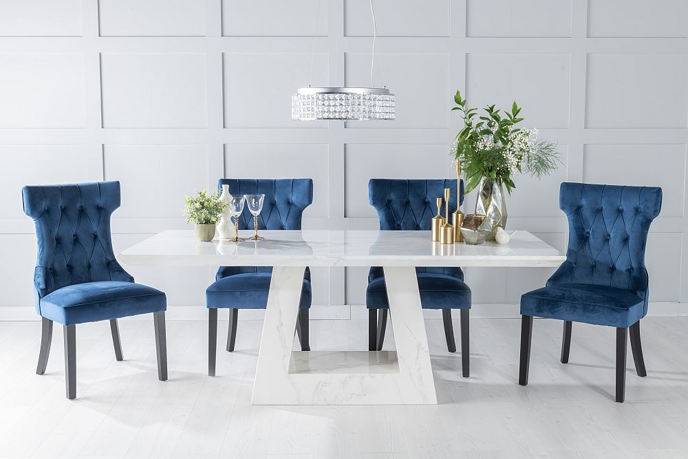 Milan Marble Dining Table Set Rectangular White Top And Triangular Pedestal Base With Courtney Blue Fabric Chairs