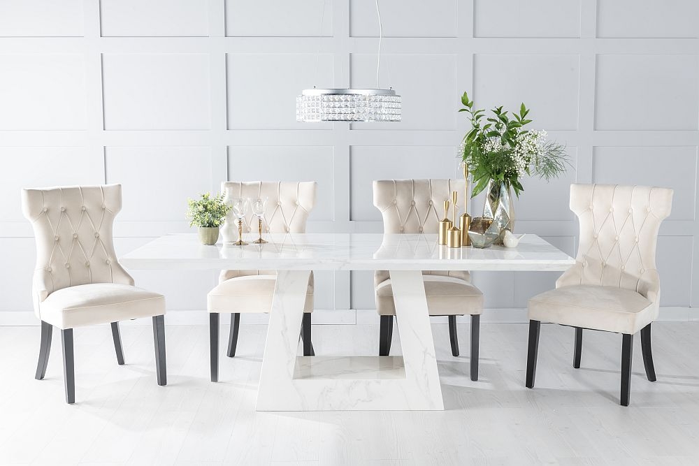 Milan Marble Dining Table Set Rectangular White Top And Triangular Pedestal Base With Courtney Champagne Fabric Chairs