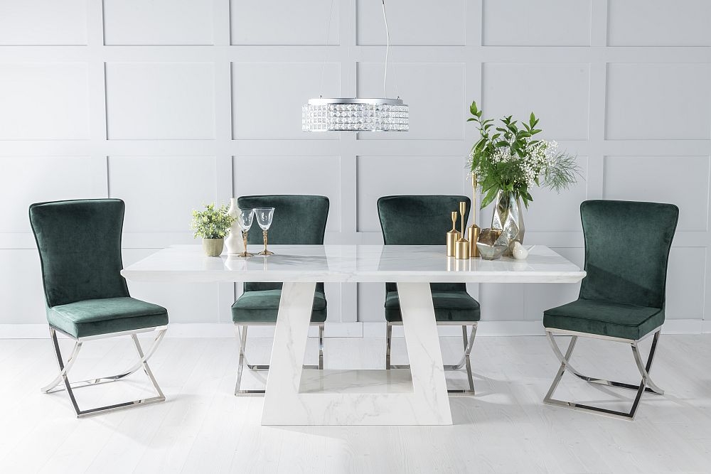 Milan Marble Dining Table Set Rectangular White Top And Triangular Pedestal Base With Lyon Green Fabric Chairs