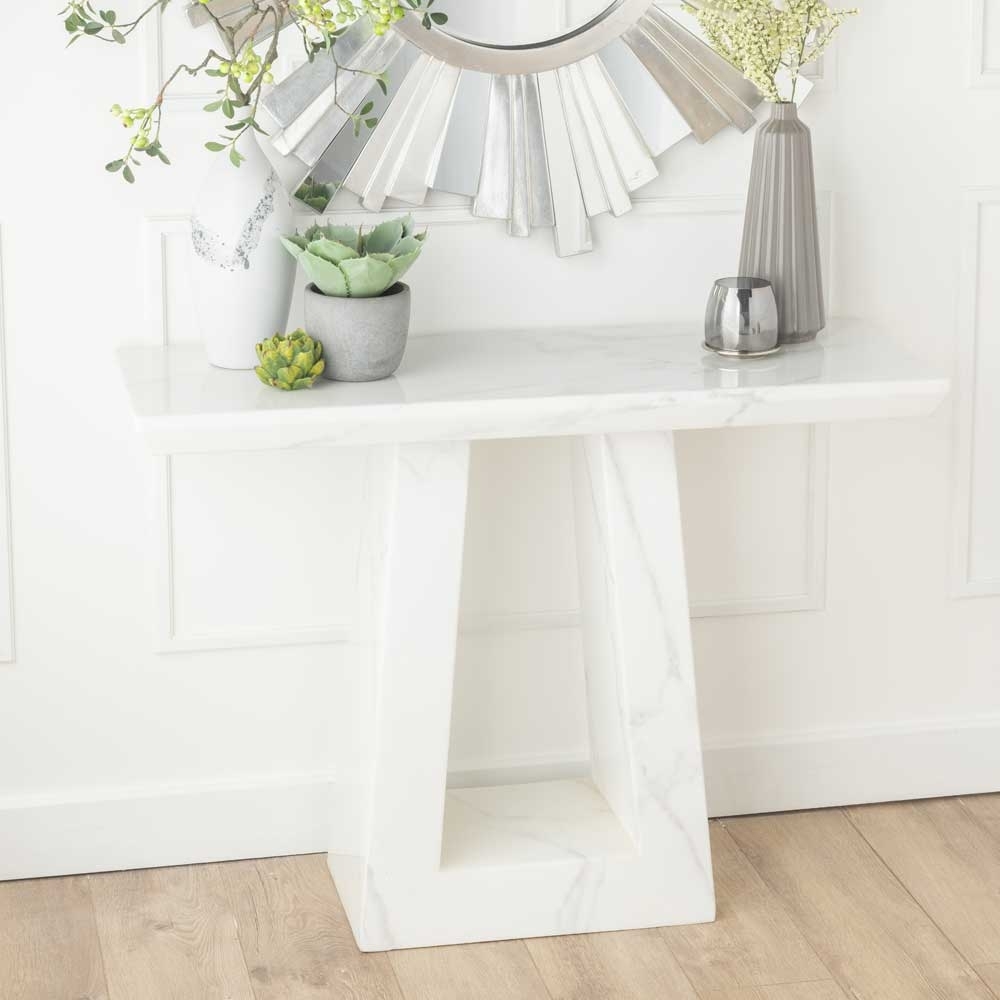 Milan Marble Console Table White Rectangular Top With Triangular Pedestal Base