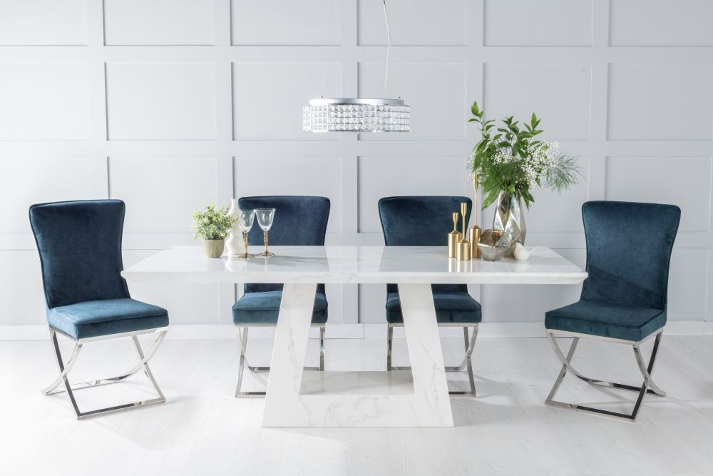 Milan Marble Dining Table Set Rectangular White Top And Triangular Pedestal Base With Lyon Blue Fabric Chairs