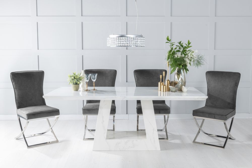 Milan Marble Dining Table Set Rectangular White Top And Triangular Pedestal Base With Lyon Grey Fabric Chairs