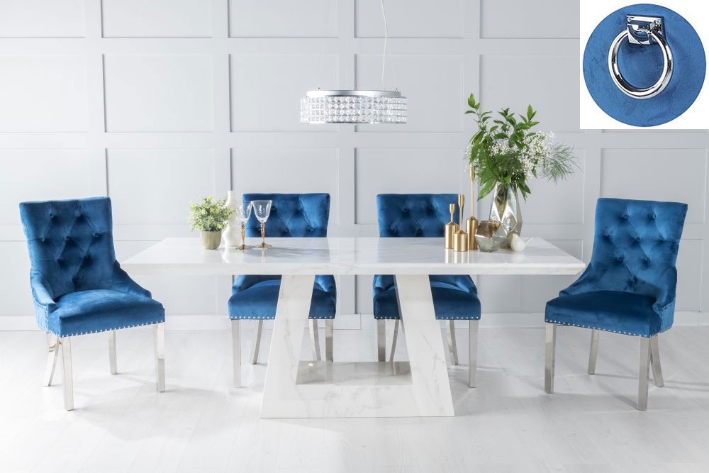 Milan Marble Dining Table Set Rectangular White Top And Triangular Pedestal Base And Blue Fabric Knocker Back Chairs With Chrome Legs