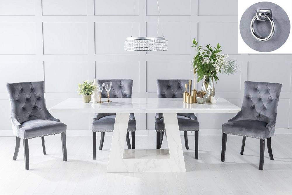 Milan Marble Dining Table Set Rectangular White Top And Triangular Pedestal Base With Grey Fabric Knocker Back Chairs