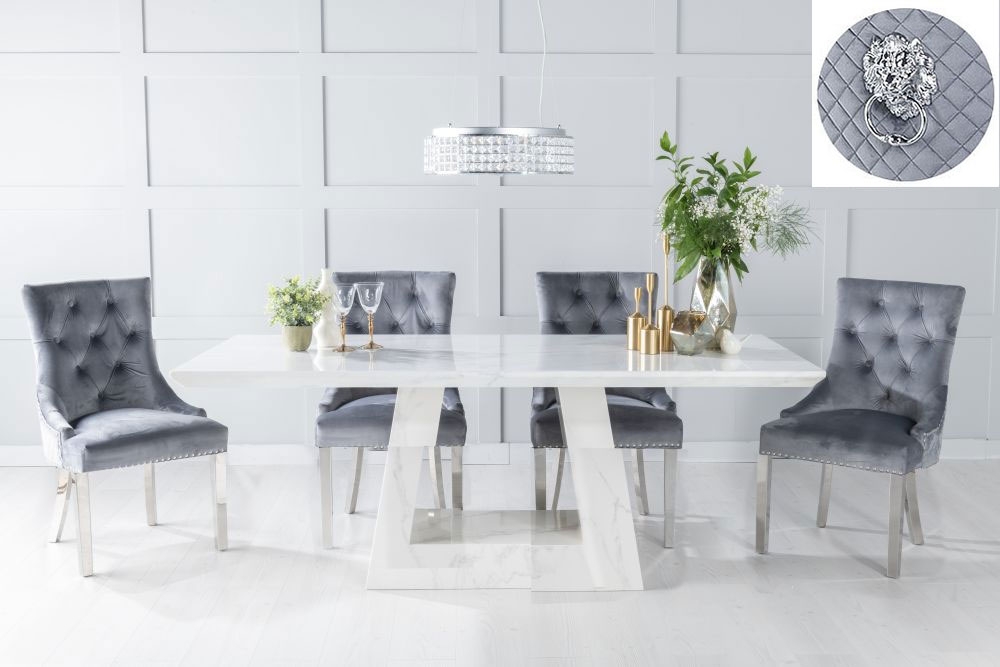 Milan Marble Dining Table Set Rectangular White Top And Triangular Pedestal Base With Grey Fabric Lion Head Ring Back Chairs With Chrome Legs