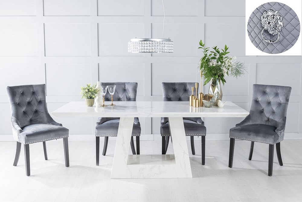 Milan Marble Dining Table Set Rectangular White Top And Triangular Pedestal Base With Grey Fabric Lion Head Ring Back Chairs