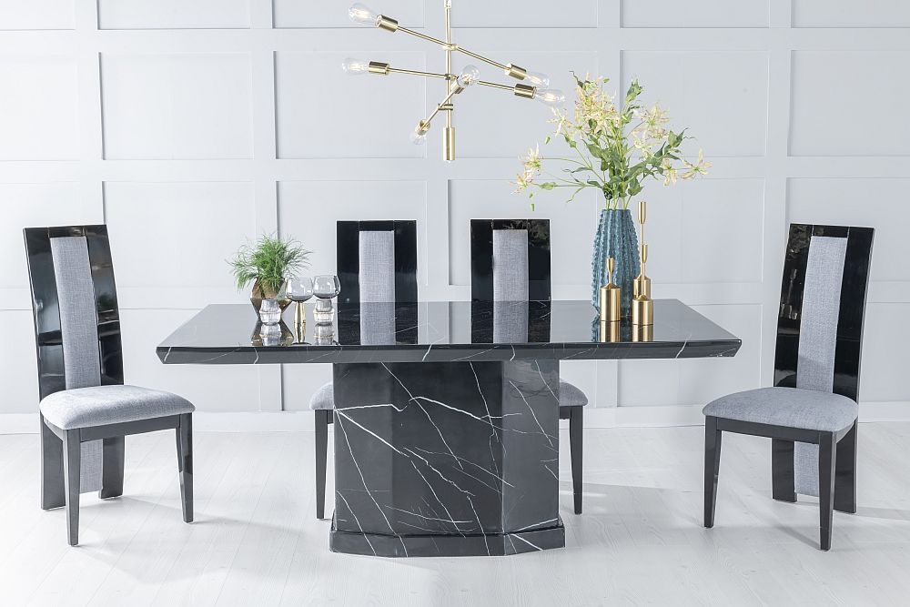 Naples Marble Dining Table Set Rectangular Black Top And Pedestal Base With Alpine Black High Gloss And Grey Fabric Chairs