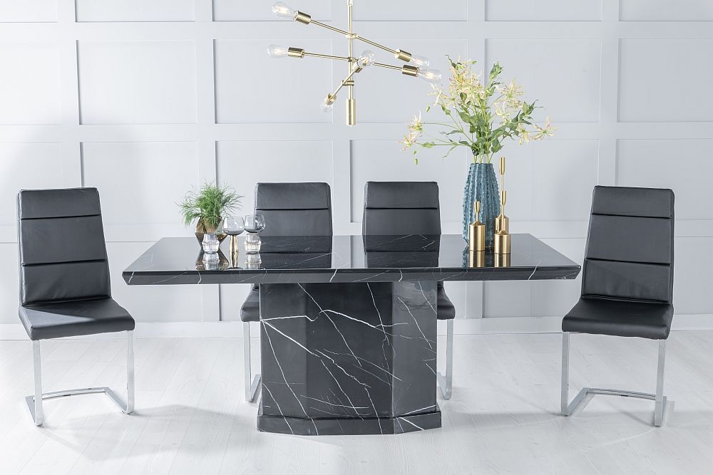 Naples Marble Dining Table Set Rectangular Black Top And Pedestal Base With Arabella Black Faux Leather Chairs