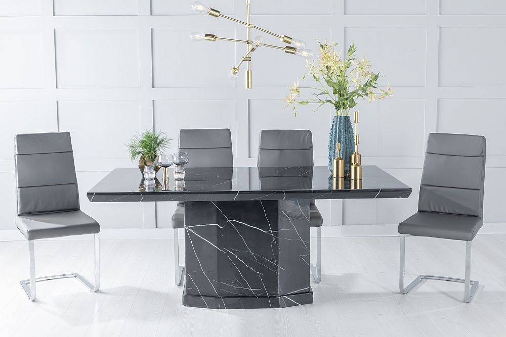 Naples Marble Dining Table Set Rectangular Black Top And Pedestal Base With Arabella Dark Grey Faux Leather Chairs