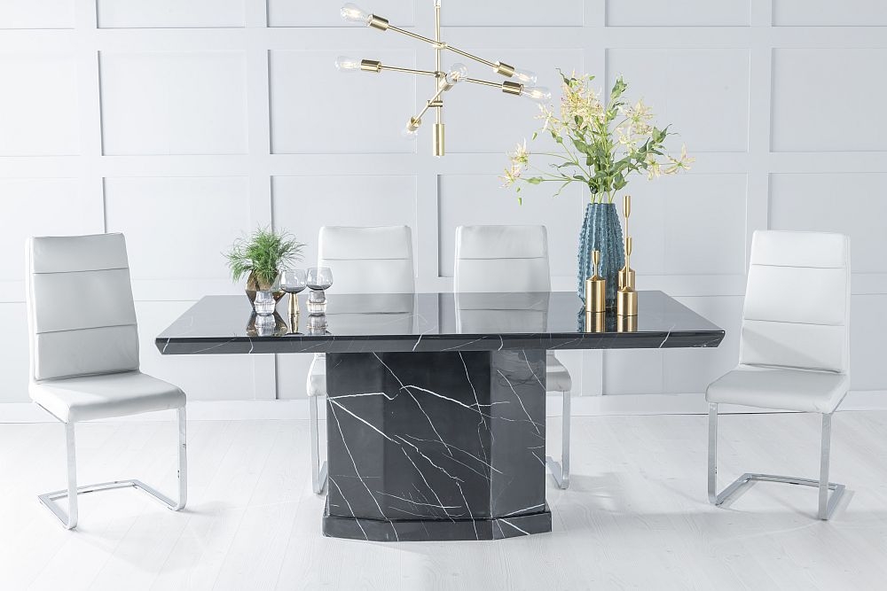 Naples Marble Dining Table Set Rectangular Black Top And Pedestal Base With Arabella Grey Faux Leather Chairs