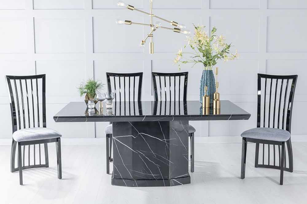 Naples Marble Dining Table Set Rectangular Black Top And Pedestal Base With Athena Black High Gloss And Grey Fabric Chairs