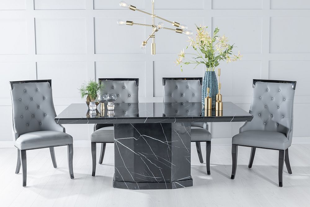 Naples Marble Dining Table Set Rectangular Black Top And Pedestal Base With Carmela Grey Faux Leather Chairs