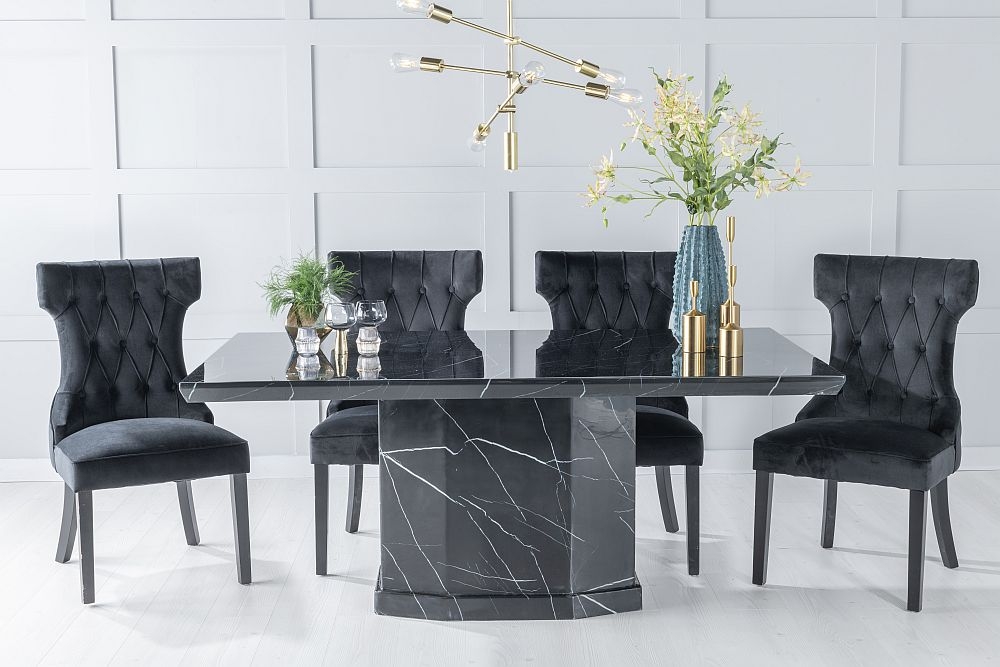 Naples Marble Dining Table Set Rectangular Black Top And Pedestal Base With Courtney Black Fabric Chairs