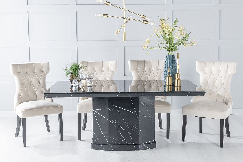 Naples Marble Dining Table Set Rectangular Black Top And Pedestal Base With Courtney Champagne Fabric Chairs