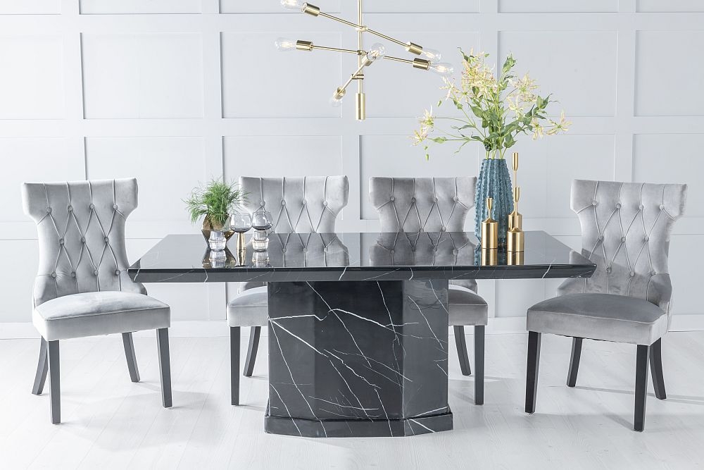 Naples Marble Dining Table Set Rectangular Black Top And Pedestal Base With Courtney Light Grey Fabric Chairs