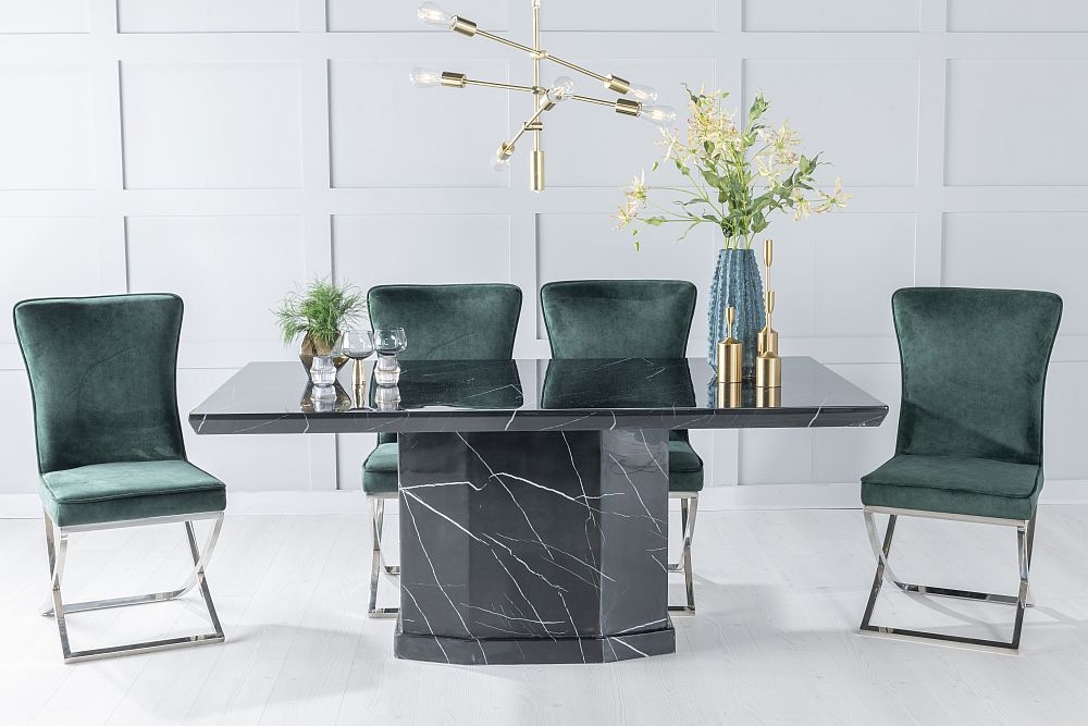 Naples Marble Dining Table Set Rectangular Black Top And Pedestal Base With Lyon Green Fabric Chairs