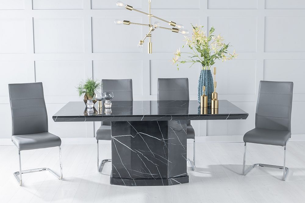 Naples Marble Dining Table Set Rectangular Black Top And Pedestal Base With Malibu Dark Grey Faux Leather Chairs