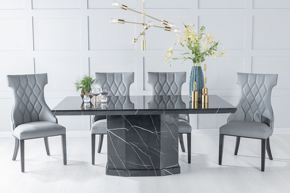 Naples Marble Dining Table Set Rectangular Black Top And Pedestal Base With Mimi Grey Faux Leather Chairs