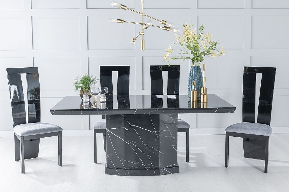Naples Marble Dining Table Set Rectangular Black Top And Pedestal Base With Vienna Black High Gloss And Grey Fabric Chairs