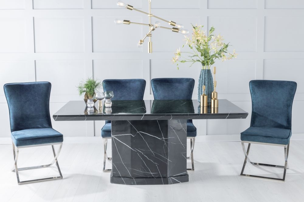 Naples Marble Dining Table Set Rectangular Black Top And Pedestal Base With Lyon Blue Fabric Chairs